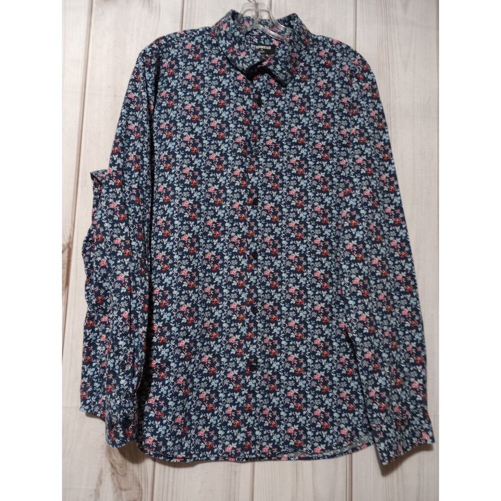 Express Classic Floral Calico Button Down Shirt Navy Red Blue XL 17-17.5